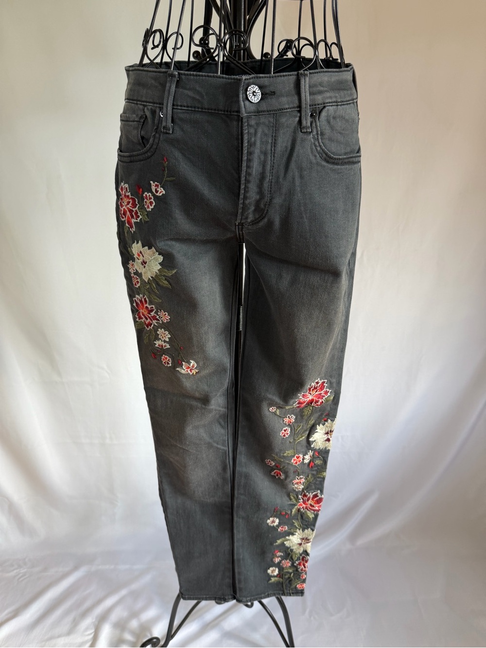 DRIFTWOOD Black Straight-Leg Jeans with Red & Cream Floral Embroidery